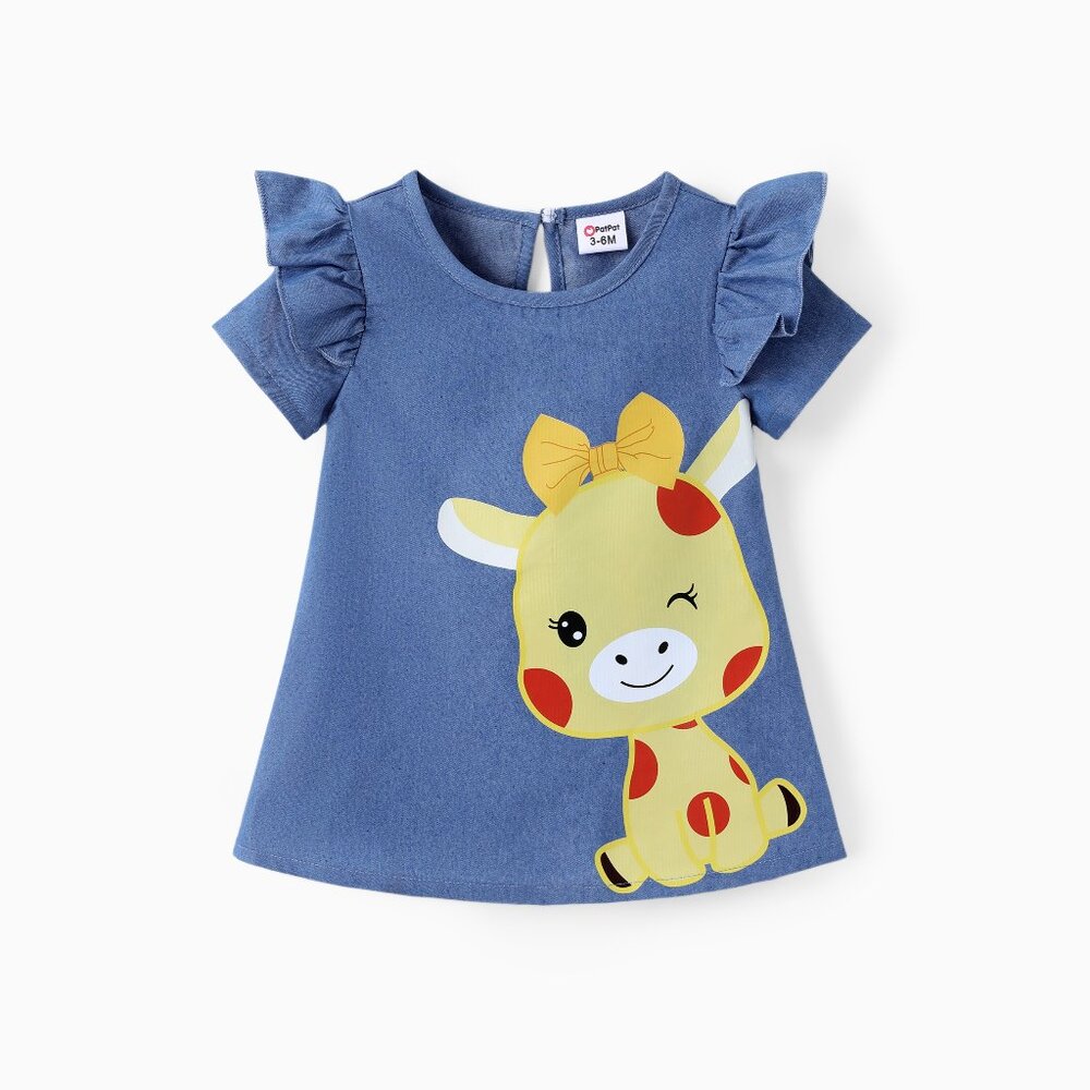NWT Blue Baby Girl Cute Cat Print Ruffled Short-sleeve Dress